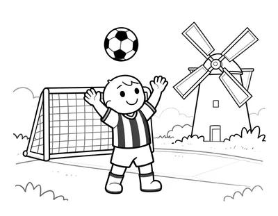 Kleurplaat van een cartoonkind in een gestreept voetbalshirt dat een bal hoog houdt boven een straatveldje, met een goal, sjaal en een Hollandse molen op de achtergrond.
