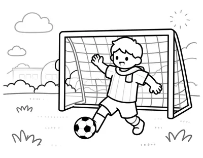 Kleurplaat van een kind in een gestreept voetbalshirt dat een bal naar de goal dribbelt op een schoolplein, met sjaal om de nek en stadion op de achtergrond.