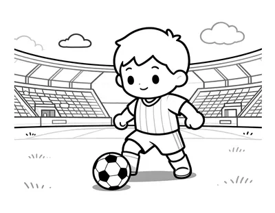 Kleurplaat van een vrolijk kind in een verticaal gestreept voetbaltenue dat een bal dribbelt op een klein veld met tribunes op de achtergrond.