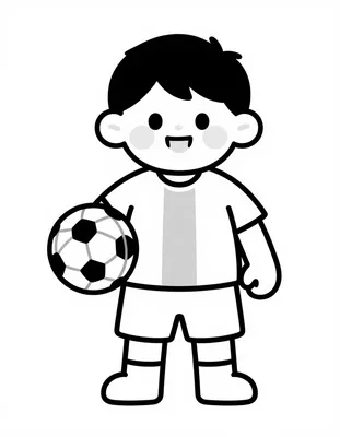 Kleurplaat van een lachend kind met een sjaal en een shirt met een brede verticale baan, met een voetbal onder de arm.