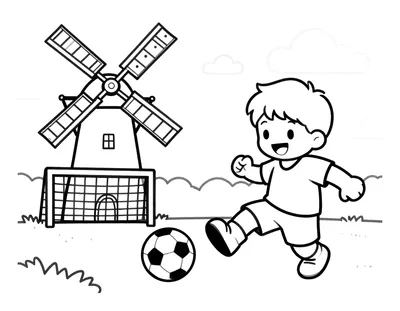 Kleurplaat van een vrolijk kind in een voetbalshirt dat een bal trapt richting een goal, met op de achtergrond een Nederlandse molen op een zonnige dag.