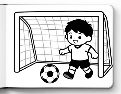 Kleurplaat van een vrolijk kind in een shirt met brede verticale baan dat een bal naar een goal schiet.