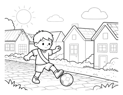 Kleurplaat van een cartoonjongen in een voetbalshirt met schuine sjerp die een bal schiet op een kinderkopjesstraat met grachtenpanden en vlaggetjes op de achtergrond.