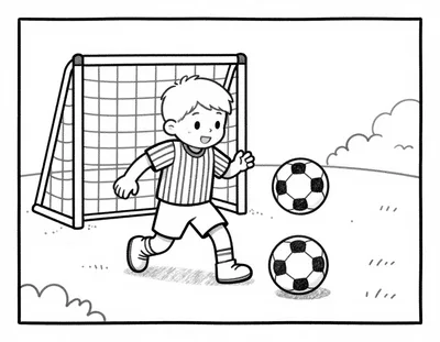 Kleurplaat van een jonge voetballer in een gestreept shirt die een bal naar een goal schiet op een zonnig veld.