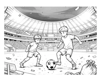 Kleurplaat van twee voetballende jongens in een vol stadion bij avondlicht, met confetti, sjaals en een Sinterklaaszak naast de bank.
