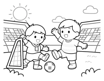 Kleurplaat van twee voetballende kinderen bij een goal in een stadion, waarbij een kind de bal naar het doel schiet en het andere kind juicht.