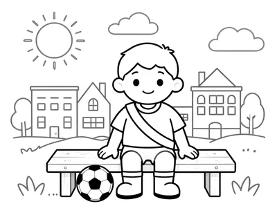 Kleurplaat van een cartoonkind in een voetbalshirt met diagonale sjerp op een houten bankje, met een traktatiezak van Sinterklaas en een voetbal aan de voeten voor grachtenpanden.