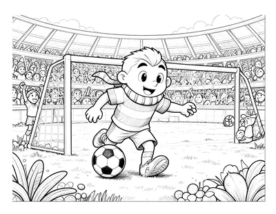 Kleurplaat van een voetballer in gestreept shirt en sjaal die de bal voor het doel dribbelt, met juichend publiek en een vol stadion op de achtergrond.