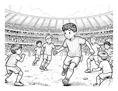 Kleurplaat van een voetballer in een gestreept shirt die langs verdedigers dribbelt in een vol stadion onder schijnwerpers.