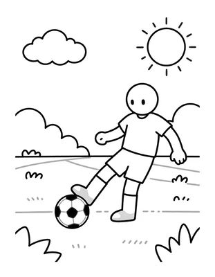 Kleurplaat van een voetballer die een hoekschop neemt, met de bal bij zijn voet en het veld met lijnen op de achtergrond.