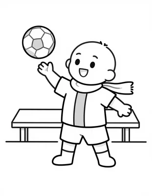Kleurplaat van een vrolijke voetballer in een shirt met een brede verticale band die een bal hoog houdt naast een sjaal op een bank in het stadion.