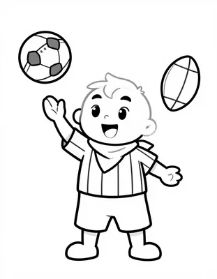 Kleurplaat van een vrolijke voetballer in een gestreept shirt die een bal hoog houdt, met een sjaal om zijn nek.