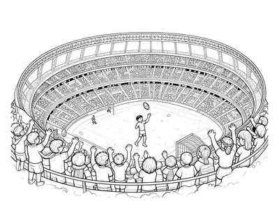 Kleurplaat van een voetballer die in een vol stadion bij het doel met een bal jongleert, met juichend publiek op de tribunes.