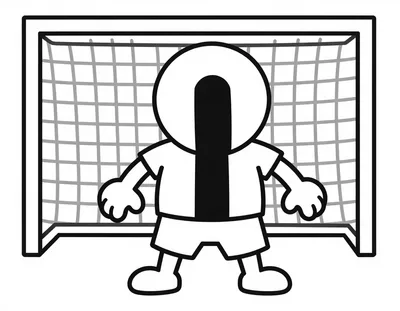Kleurplaat van een vrolijke cartoonvoetballer die een bal kopt richting een goal met net.