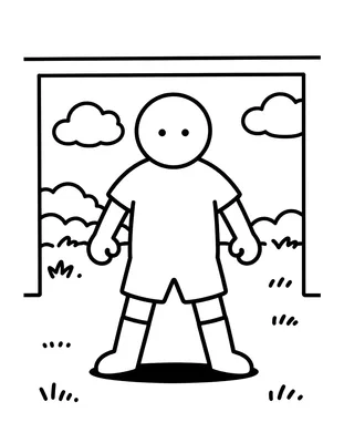 Kleurplaat van een voetballer die recht van voren een penalty neemt voor een groot doel, met wolken en graspollen op de achtergrond.