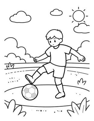 Kleurplaat van een voetballer die een schaarbeweging maakt met de bal aan zijn voet op een veld met wolken en zon.