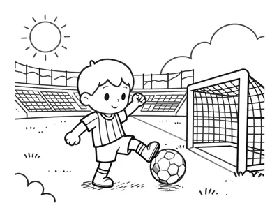 Kleurplaat van een cartoonvoetballer in een shirt met verticale strepen die een bal naar een goal schiet, met tribunes en vlaggen op de achtergrond.