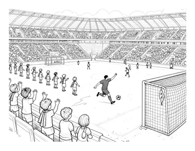 Kleurplaat van een voetballer in een rood-wit tenue die in een vol stadion op het doel schiet, met juichende supporters op de tribune.