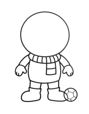 Kleurplaat van een eenvoudig poppetje met een sjaal, voetbalschoenen en een bal ernaast.