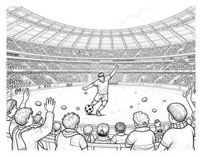 Kleurplaat van een voetballer die een bal trapt in een vol stadion met juichende fans, pepernoten en cadeauzakken langs de tribune.