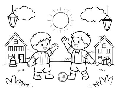 Kleurplaat met twee voetballende kinderen in gestreepte shirts op een besneeuwd plein met grachtenpanden en lantaarns.
