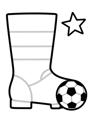 Kleurplaat van een grote voetbalschoen met drie strepen, een ster en een bal ernaast.