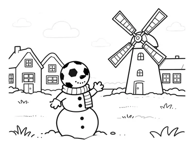 Kleurplaat van een kind in een rood-wit gestreept voetbalshirt dat een sneeuwpop met een voetbal als hoofd bouwt, met Hollandse huisjes en een molen op de achtergrond.