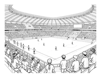 Kleurplaat van een uitverkocht voetbalstadion met spelers die warmlopen op het veld en supporters op de tribunes.
