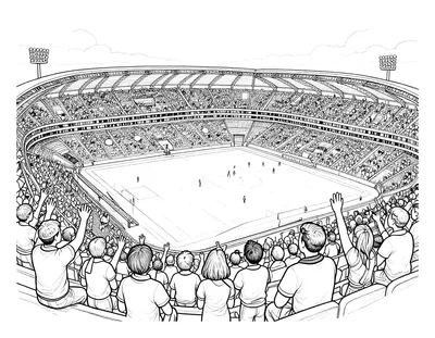 Kleurplaat van een vol voetbalstadion bij schemer met juichende fans op de tribune en spelers op het veld onder schijnwerpers.