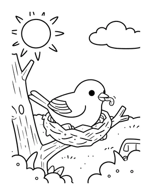 Kleurplaat van een vogel in een nest op een boomtak met een worm in zijn snavel, met zon en wolk op de achtergrond.