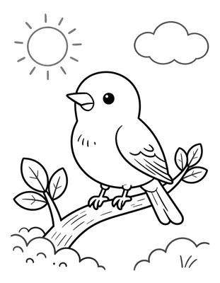 Kleurplaat van een vrolijke vogel die op een tak met bladeren zit, met een zon en een wolk op de achtergrond.