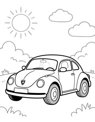Kleurplaat van een Volkswagen Kever met een Lamborghini-achtig logo op de motorkap, geparkeerd buiten onder een zon en wolken.