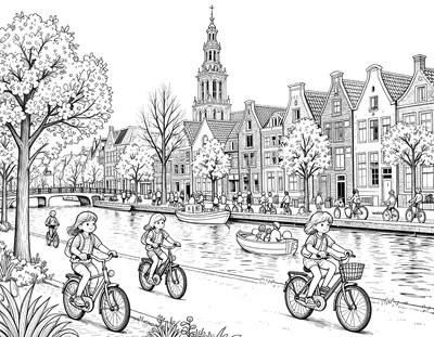 Kleurplaat van een Nederlandse grachtenstad met een kerktoren, bloeiende bomen, boten op het water en gezinnen die naar huis fietsen.