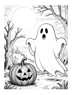 Kleurplaat van een vriendelijk zwevend spookje naast een uitgeholde pompoen en een kale boom onder een volle maan