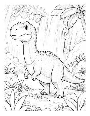 Kleurplaat van een vriendelijke dinosaurus die naast een waterval staat, omringd door sterren, hartjes en tropische planten.