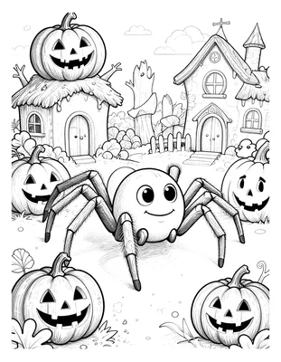 Kleurplaat van een vriendelijke cartoon spin tussen pompoenen met lachende gezichten en een spookhuis op een Halloween nacht