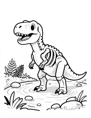 Kleurplaat van een vriendelijk T rex skelet dat in een ondiepe rivier met kiezelstenen en varens staat.