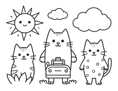 Kleurplaat van een lachend cijfer negen met bril, wijzend naar een vrolijk tafereel met een huisje, lachende zon, boom, glimlachende kat en bloemen op een verhoogde grond.