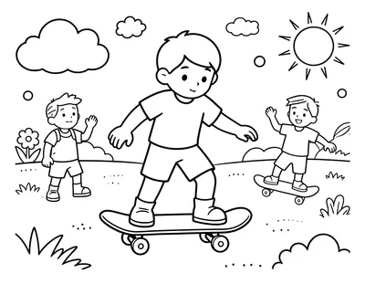 Kleurplaat: Twee vrolijke mensen skateboarden samen, een oudere man en vrouw houden elkaars hand vast.