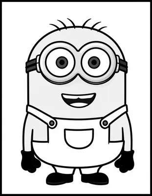 Kleurplaat van een lachende Minion met een bril op en een overall aan, met zijn armen langs zijn lichaam.