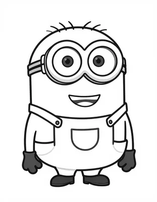 Kleurplaat van een vrolijke Minion die rechtop staat en lacht, met een bril op en een overall aan.