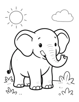 Kleurplaat van een vrolijke olifant die met opgeheven slurf tussen graspollen staat, met een zon en een wolk aan de lucht.