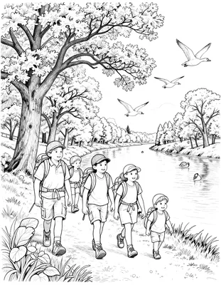 Kleurplaat van een groep wandelaars met rugzakken op een pad langs een kanaal, met eikenbomen en overvliegende ganzen.