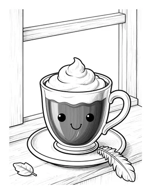 Kleurplaat van een dampende beker warme chocolademelk met slagroom en een lantaarn op een houten vensterbank bij een raam.