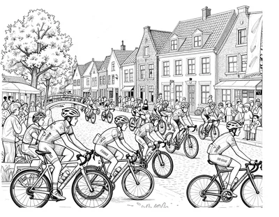 Kleurplaat van een wielerpeloton dat over een kasseienstraat langs grachtenpanden rijdt, met publiek en spandoeken langs de kant.