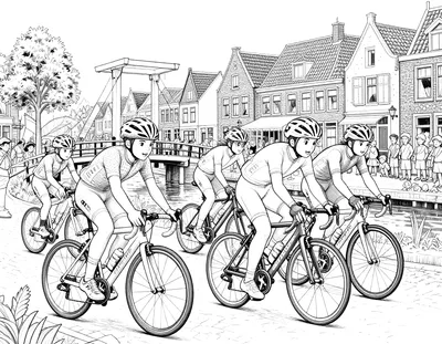 Kleurplaat van een peloton wielrenners die over kasseien door een Nederlands dorp met gracht en ophaalbrug racen, met juichend publiek langs de kant.