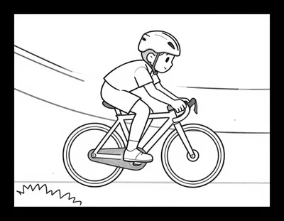 Kleurplaat van een jonge wielrenner met helm die op een oplopende wielerbaan fietst