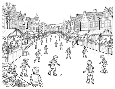Kleurplaat van een Nederlandse wintermarkt op een bevroren gracht bij schemer, met schaatsende kinderen in gestreepte voetbalshirts, marktkramen, grachtenpanden en vlaggetjeslijnen boven het ijs.