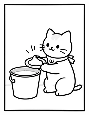 Kleurplaat van een witte kat met een belletje dat naast een emmer melk zit en een schotel room vasthoudt.