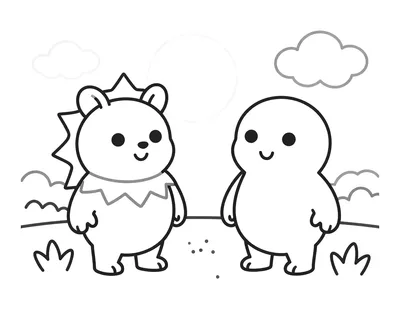 Kleurplaat van Woezel (grijs) en Pip (wit, alleen omtrek) die knuffelend slapen onder een halve maan met een gezichtje en gesloten ogen, met drie kleine bloemen op de grond.